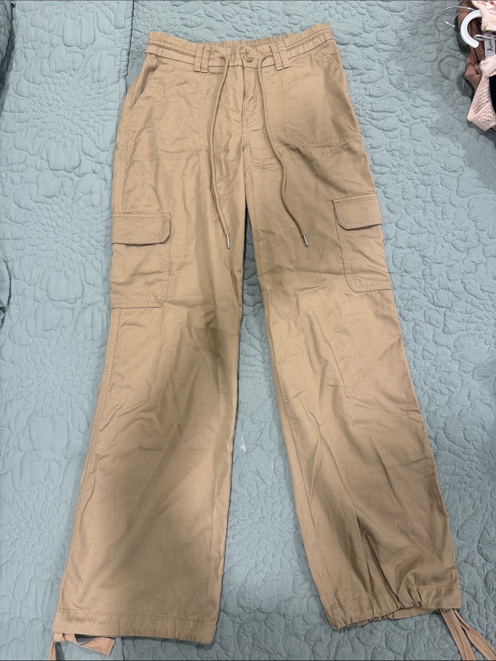 Wild Fable Tan Khaki Wide Leg Cargo Pants Drawstring Hem